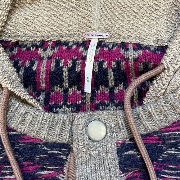 FREE PEOPLE M Wool Nylon Blend Tan Hooded Sweater Jacket Blue Cardigan - Picture 5 of 14